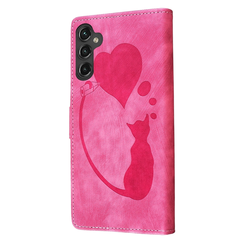 Samsung Galaxy A14 5G Pen Heart Cat Embossed Leather Phone Case with Wear-Resistant TPU+PU, Lightweight Wallet Stand Function, and Precise Cutouts for Ultimate Protection