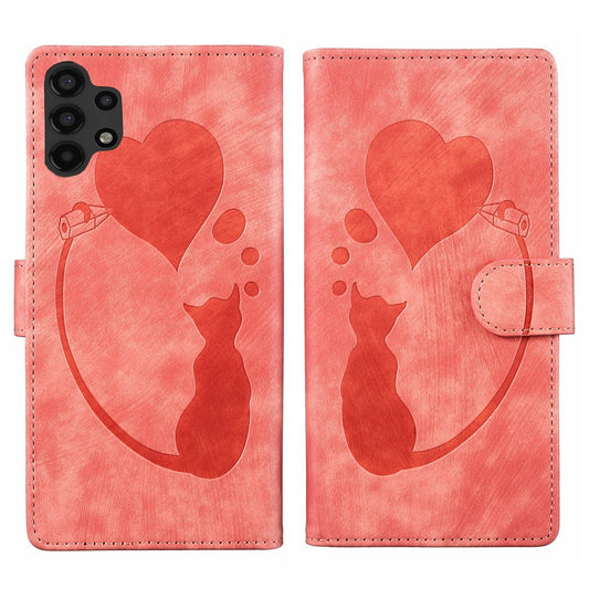 Samsung Galaxy A13 4G Pen Heart Cat Embossed Leather Phone Case with Wear-Resistant TPU+PU, Lightweight Wallet Stand Function, and Precise Cutouts for Ultimate Protection