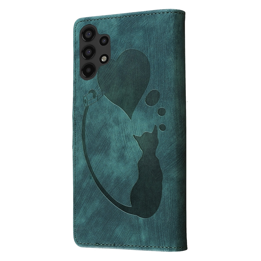 Samsung Galaxy A13 4G Pen Heart Cat Embossed Leather Phone Case with Wear-Resistant TPU+PU, Lightweight Wallet Stand Function, and Precise Cutouts for Ultimate Protection