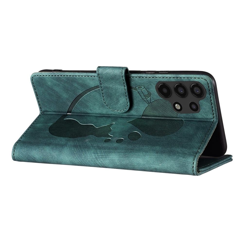 Samsung Galaxy A13 5G Pen Heart Cat Embossed Leather Phone Case with Wear-Resistant TPU+PU, Lightweight Wallet Stand Function, and Precise Cutouts for Ultimate Protection