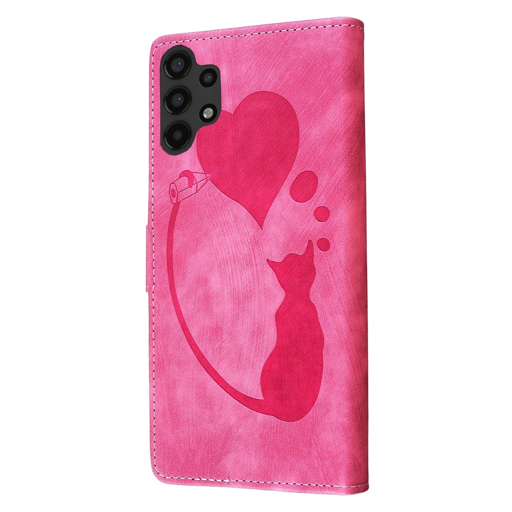 Samsung Galaxy A13 4G Pen Heart Cat Embossed Leather Phone Case with Wear-Resistant TPU+PU, Lightweight Wallet Stand Function, and Precise Cutouts for Ultimate Protection