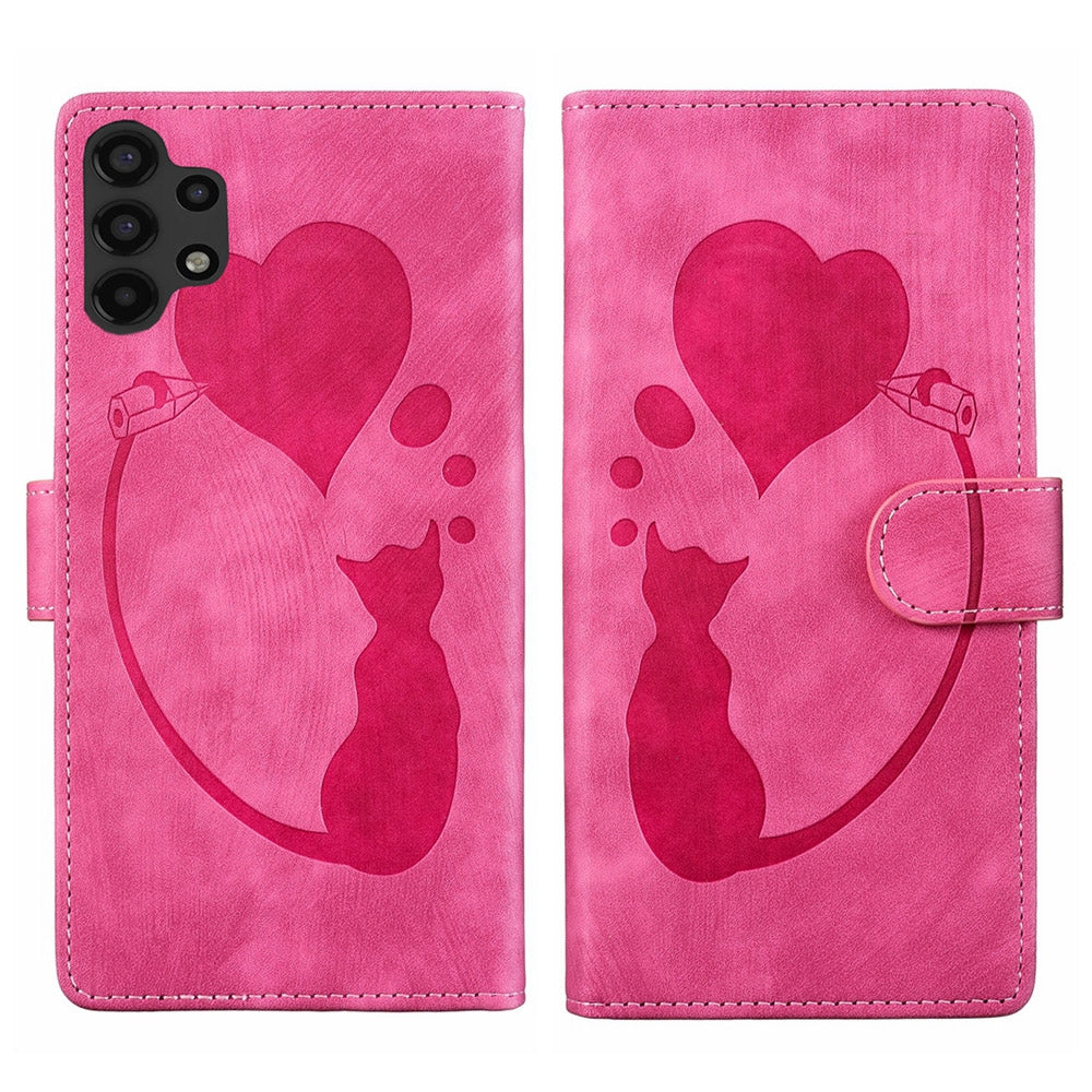 Samsung Galaxy A04 Pen Heart Cat Embossed Leather Phone Case with Wear-Resistant TPU+PU, Lightweight Wallet Stand Function, and Precise Cutouts for Ultimate Protection