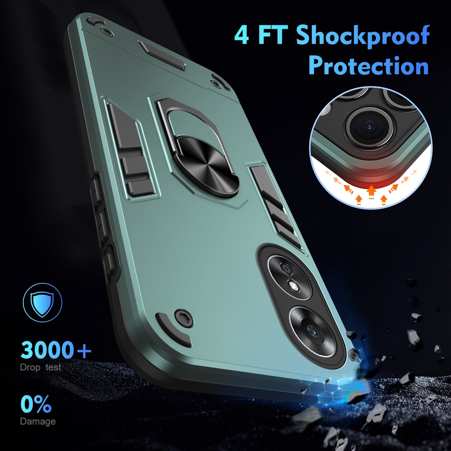 OPPO A17 Shockproof Metal Ring Holder Phone Case with 360 degrees Rotating Kickstand, Ultra Slim Protective Cover, Raised Camera Guard, PC Silicone Armour Shell, Anti-Scratch Back & Edge Protection