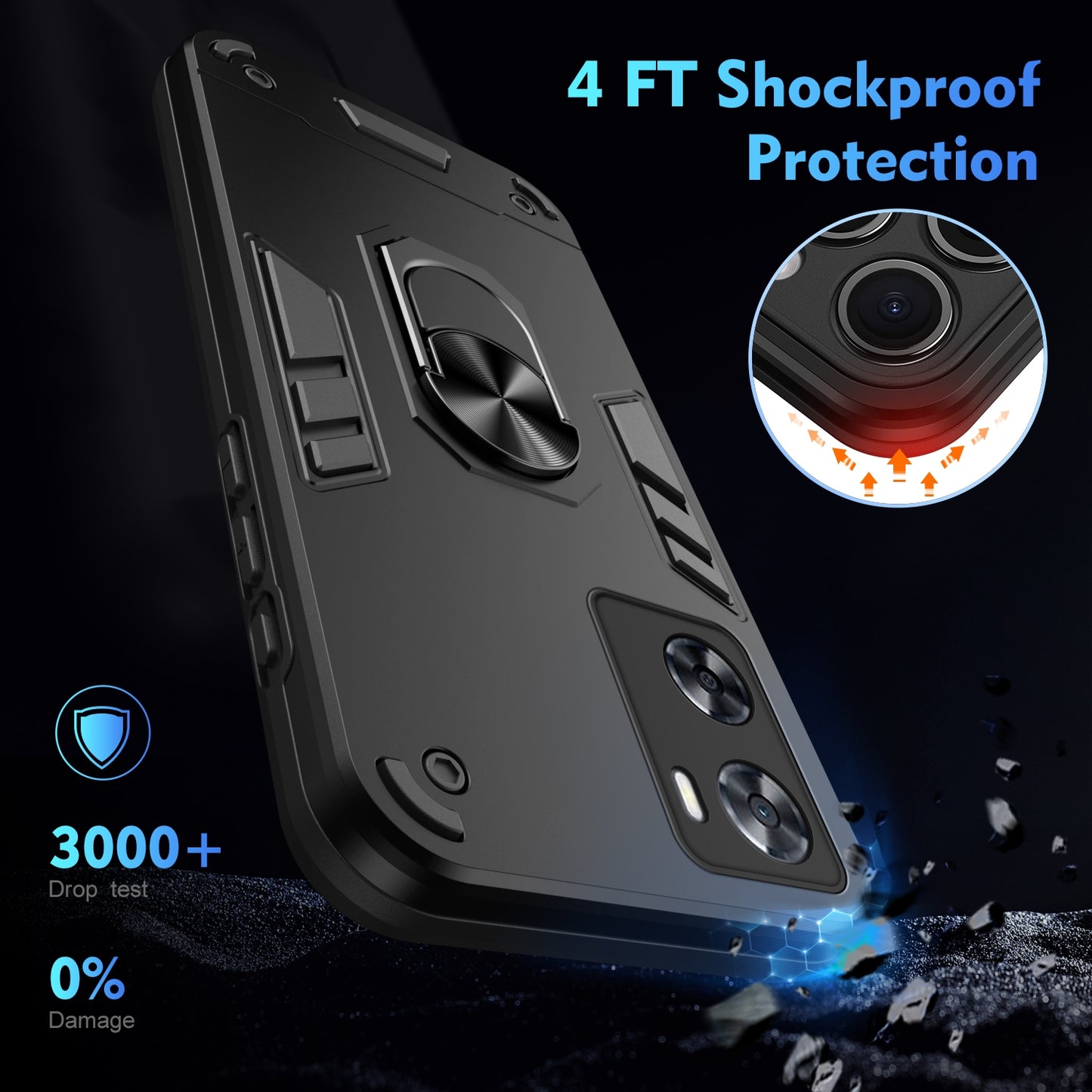 OPPO A57 4G Shockproof Metal Ring Holder Phone Case with 360 degrees Rotating Kickstand, Ultra Slim Protective Cover, Raised Camera Guard, PC Silicone Armour Shell, Anti-Scratch Back & Edge Protection
