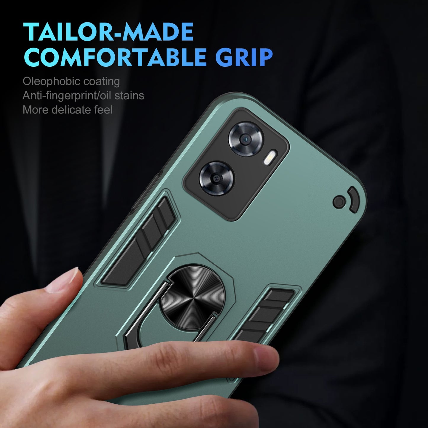 OPPO A57 4G Shockproof Metal Ring Holder Phone Case with 360 degrees Rotating Kickstand, Ultra Slim Protective Cover, Raised Camera Guard, PC Silicone Armour Shell, Anti-Scratch Back & Edge Protection