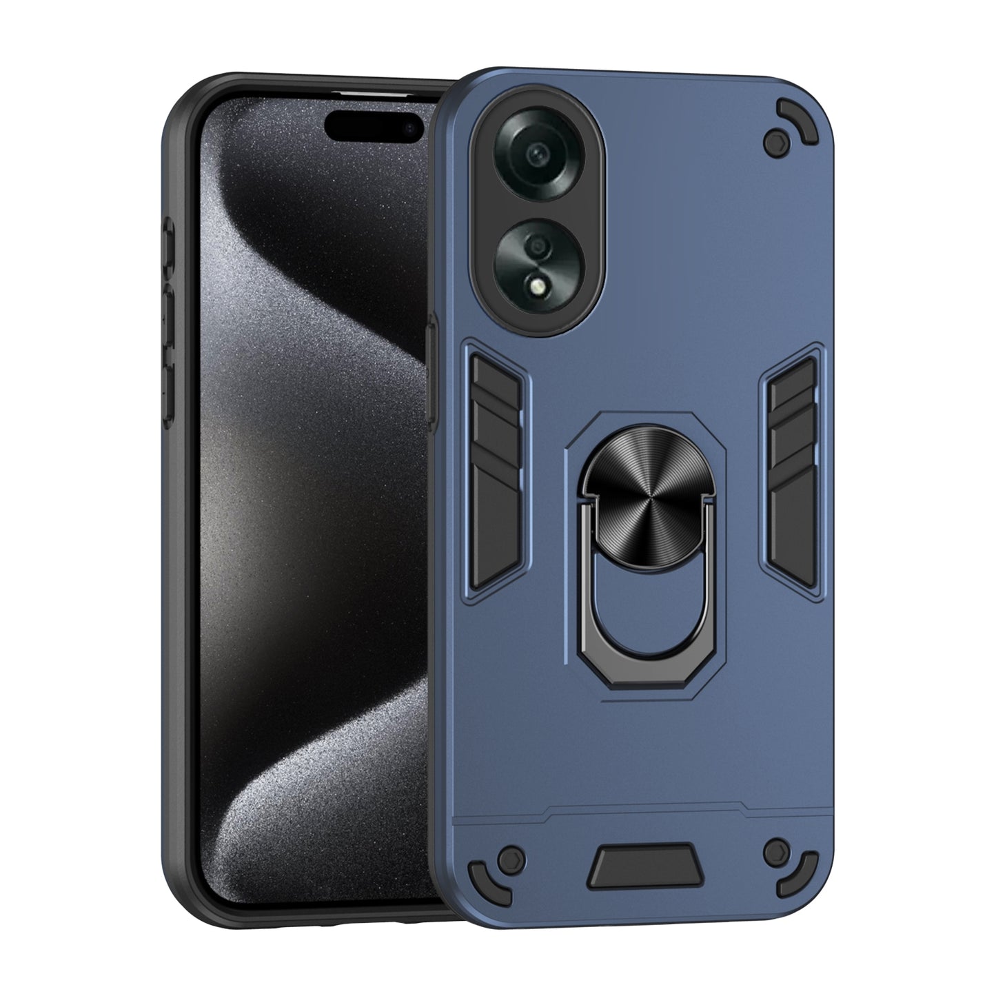 OPPO A58 4G Shockproof Metal Ring Holder Phone Case with 360 degrees Rotating Kickstand, Ultra Slim Protective Cover, Raised Camera Guard, PC Silicone Armour Shell, Anti-Scratch Back & Edge Protection