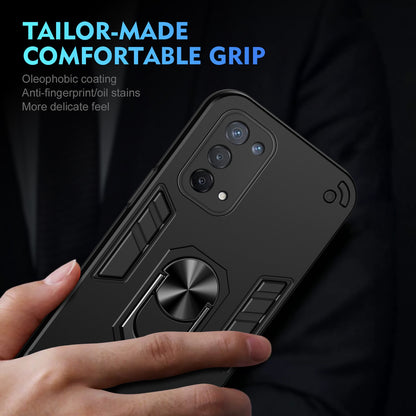 OPPO A74 5G Shockproof Metal Ring Holder Phone Case with 360 degrees Rotating Kickstand, Ultra Slim Protective Cover, Raised Camera Guard, PC Silicone Armour Shell, Anti-Scratch Back & Edge Protection