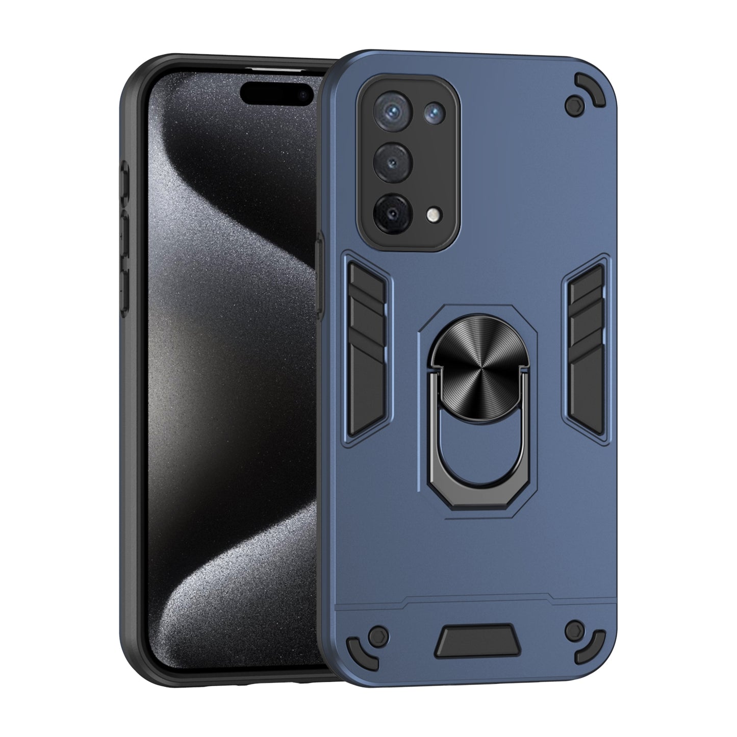 OPPO A74 5G Shockproof Metal Ring Holder Phone Case with 360 degrees Rotating Kickstand, Ultra Slim Protective Cover, Raised Camera Guard, PC Silicone Armour Shell, Anti-Scratch Back & Edge Protection