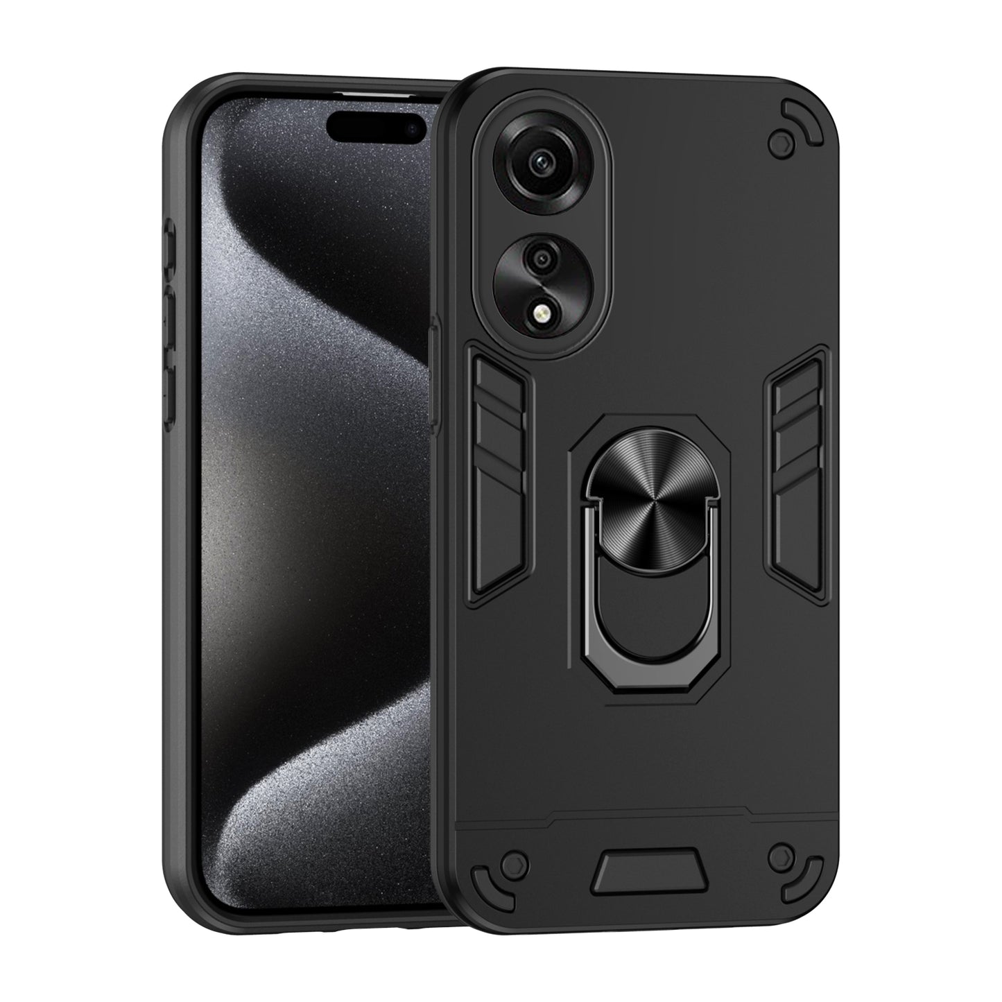OPPO A78 4G Shockproof Metal Ring Holder Phone Case with 360 degrees Rotating Kickstand, Ultra Slim Protective Cover, Raised Camera Guard, PC Silicone Armour Shell, Anti-Scratch Back & Edge Protection