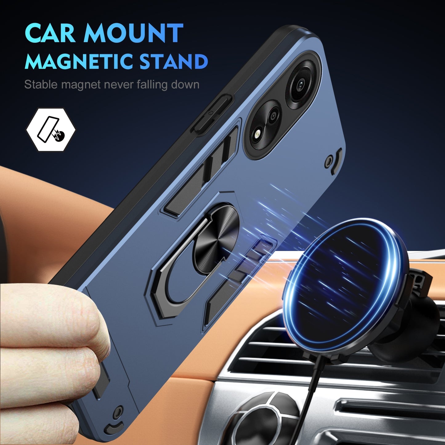 OPPO A78 4G Shockproof Metal Ring Holder Phone Case with 360 degrees Rotating Kickstand, Ultra Slim Protective Cover, Raised Camera Guard, PC Silicone Armour Shell, Anti-Scratch Back & Edge Protection