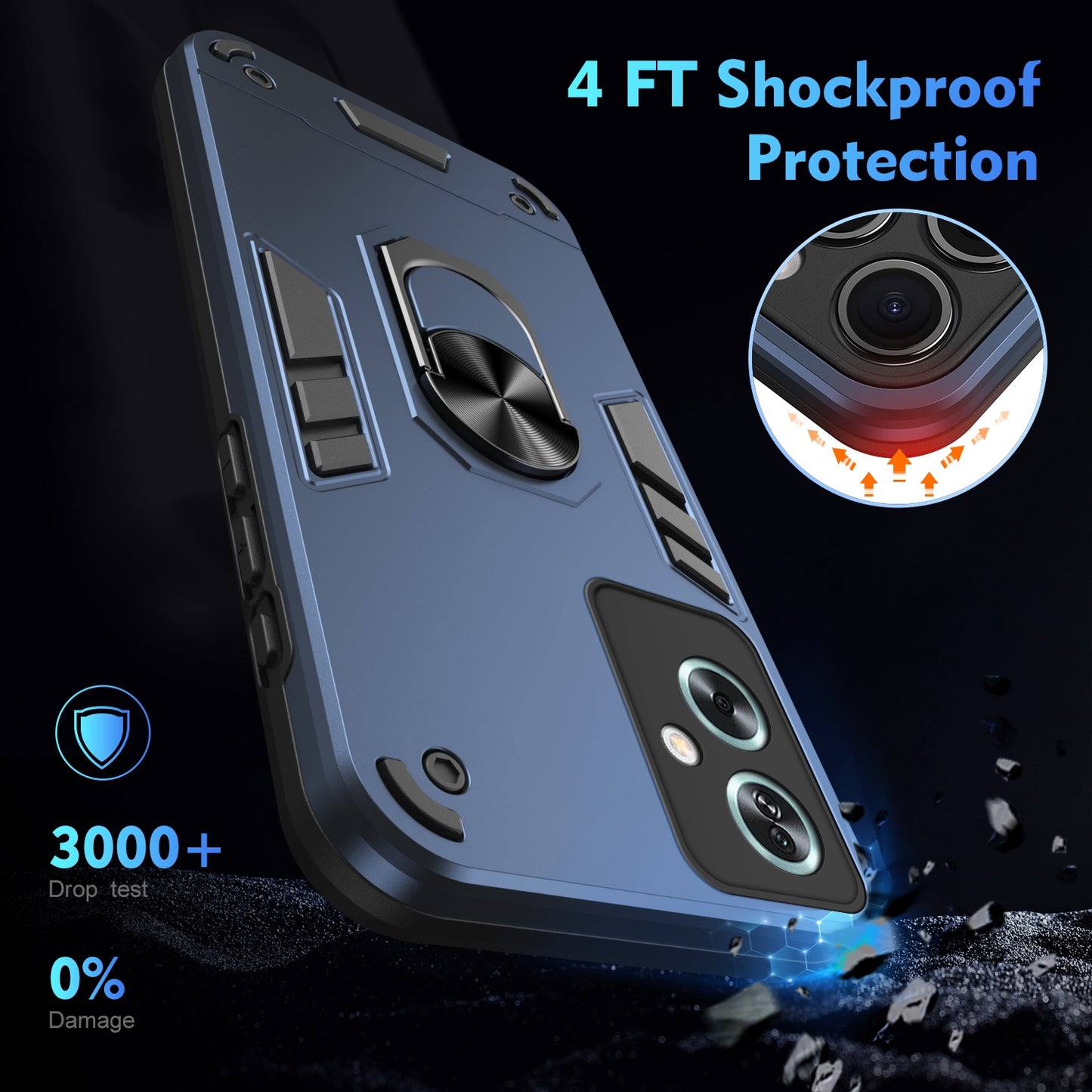 OPPO A79 5G Shockproof Metal Ring Holder Phone Case with 360 degrees Rotating Kickstand, Ultra Slim Protective Cover, Raised Camera Guard, PC Silicone Armour Shell, Anti-Scratch Back & Edge Protection
