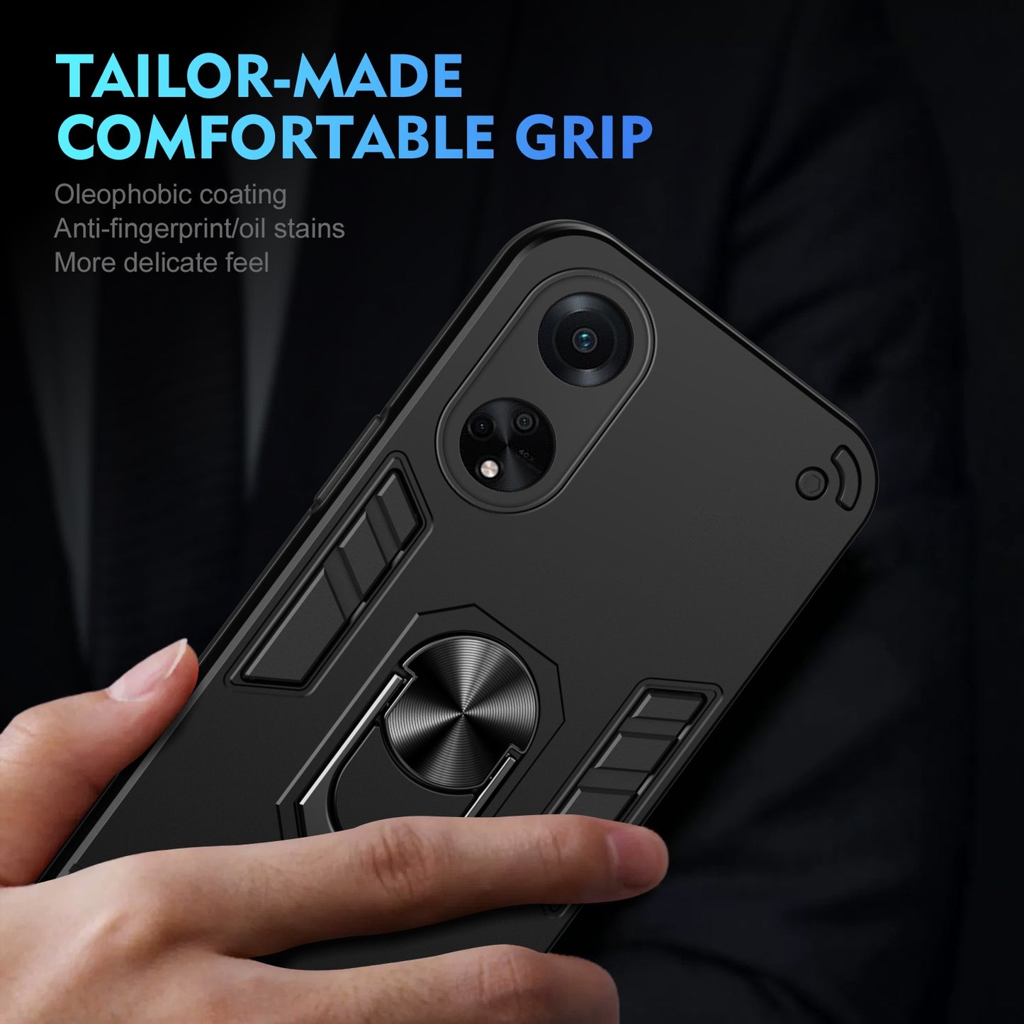 OPPO A98 Shockproof Metal Ring Holder Phone Case with 360 degrees Rotating Kickstand, Ultra Slim Protective Cover, Raised Camera Guard, PC Silicone Armour Shell, Anti-Scratch Back & Edge Protection