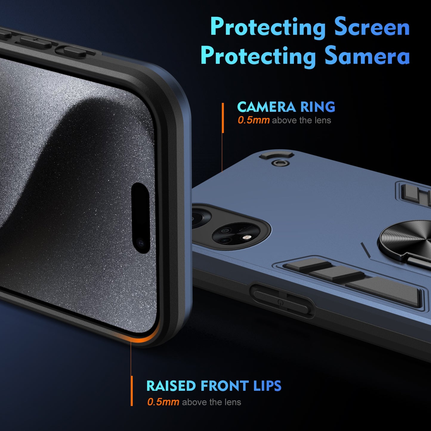 OPPO A98 Shockproof Metal Ring Holder Phone Case with 360 degrees Rotating Kickstand, Ultra Slim Protective Cover, Raised Camera Guard, PC Silicone Armour Shell, Anti-Scratch Back & Edge Protection