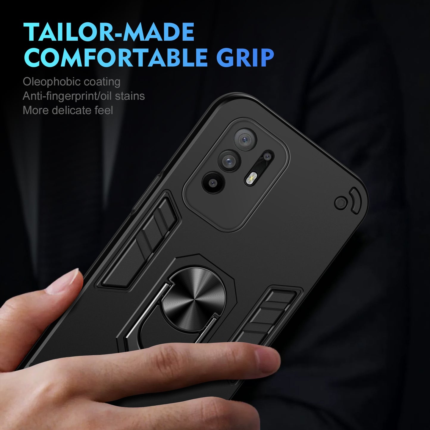 OPPO F19 Pro+ Shockproof Metal Ring Holder Phone Case with 360 degrees Rotating Kickstand, Ultra Slim Protective Cover, Raised Camera Guard, PC Silicone Armour Shell, Anti-Scratch Back & Edge Protection