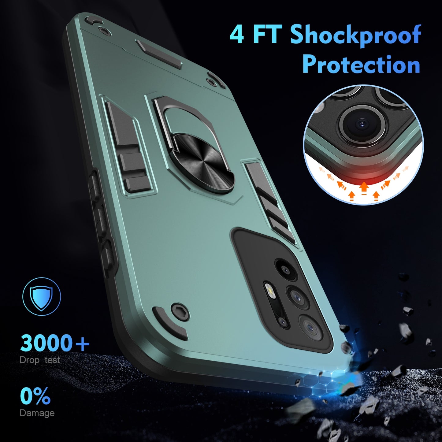 OPPO F19 Pro+ Shockproof Metal Ring Holder Phone Case with 360 degrees Rotating Kickstand, Ultra Slim Protective Cover, Raised Camera Guard, PC Silicone Armour Shell, Anti-Scratch Back & Edge Protection