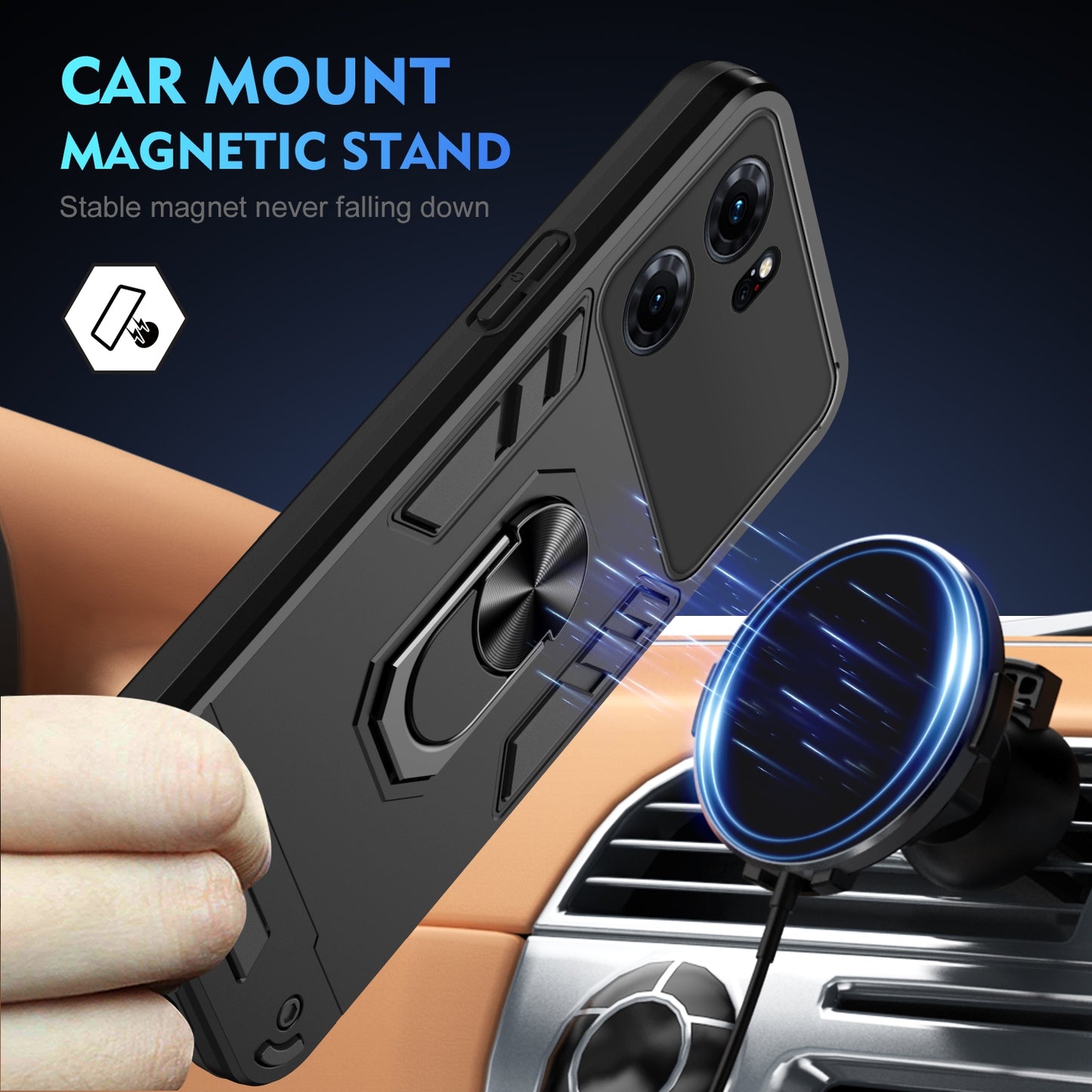 OPPO K10 Shockproof Metal Ring Holder Phone Case with 360 degrees Rotating Kickstand, Ultra Slim Protective Cover, Raised Camera Guard, PC Silicone Armour Shell, Anti-Scratch Back & Edge Protection