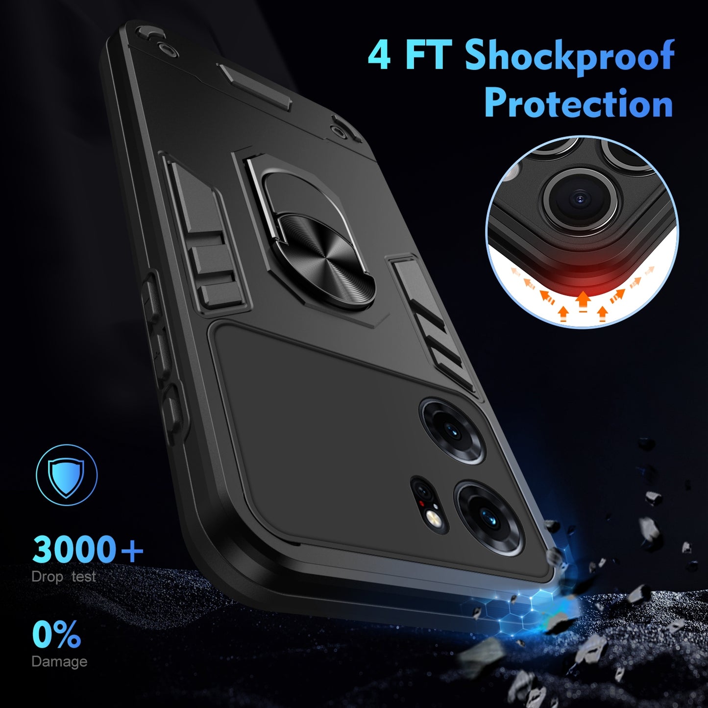 OPPO K10 Shockproof Metal Ring Holder Phone Case with 360 degrees Rotating Kickstand, Ultra Slim Protective Cover, Raised Camera Guard, PC Silicone Armour Shell, Anti-Scratch Back & Edge Protection