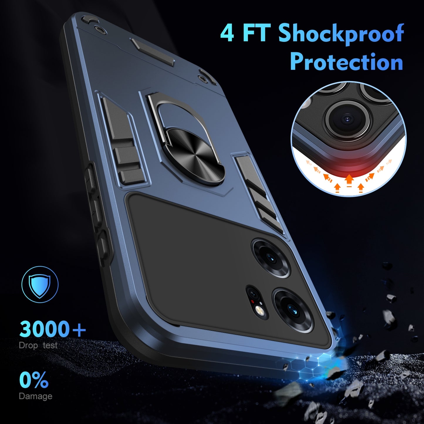 OPPO K10 Shockproof Metal Ring Holder Phone Case with 360 degrees Rotating Kickstand, Ultra Slim Protective Cover, Raised Camera Guard, PC Silicone Armour Shell, Anti-Scratch Back & Edge Protection