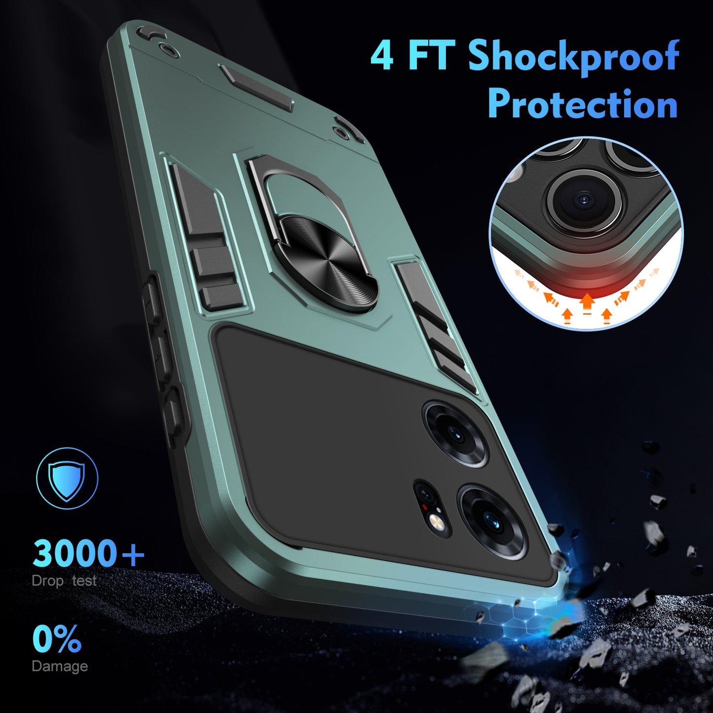 OPPO K10 Shockproof Metal Ring Holder Phone Case with 360 degrees Rotating Kickstand, Ultra Slim Protective Cover, Raised Camera Guard, PC Silicone Armour Shell, Anti-Scratch Back & Edge Protection