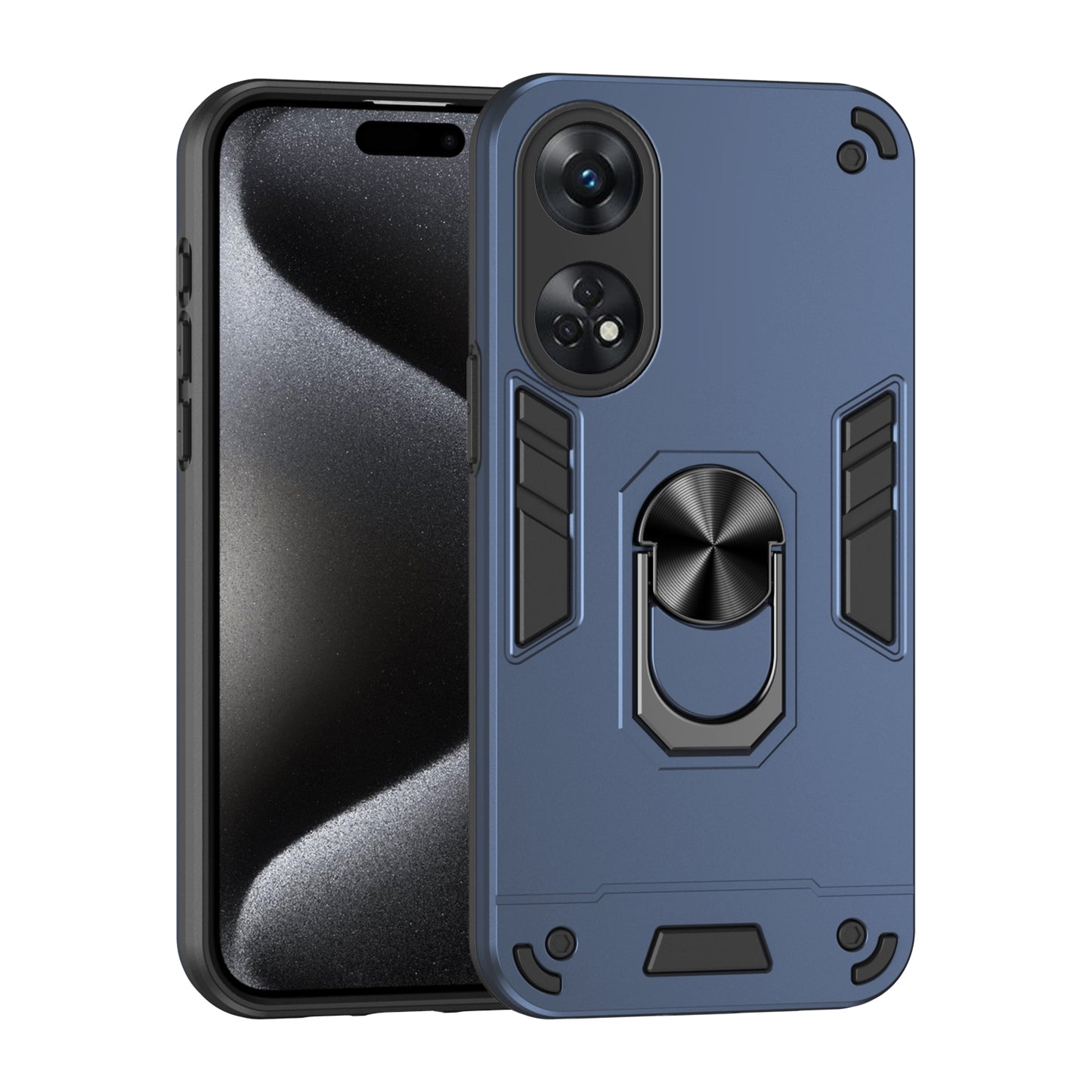 OPPO Reno8 T 4G Shockproof Metal Ring Holder Phone Case with 360 degrees Rotating Kickstand, Ultra Slim Protective Cover, Raised Camera Guard, PC Silicone Armour Shell, Anti-Scratch Back & Edge Protection