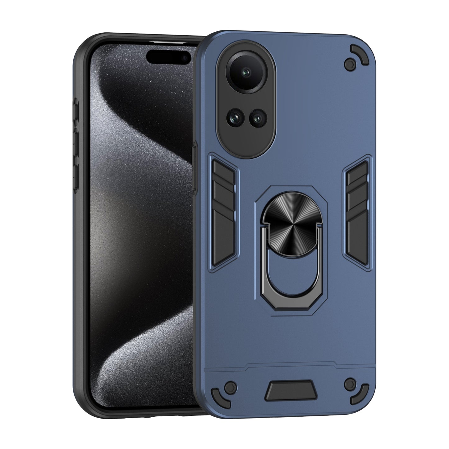 OPPO Reno10 5G Shockproof Metal Ring Holder Phone Case with 360 degrees Rotating Kickstand, Ultra Slim Protective Cover, Raised Camera Guard, PC Silicone Armour Shell, Anti-Scratch Back & Edge Protection