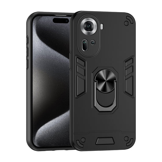 OPPO Reno11 Shockproof Metal Ring Holder Phone Case with 360 degrees Rotating Kickstand, Ultra Slim Protective Cover, Raised Camera Guard, PC Silicone Armour Shell, Anti-Scratch Back & Edge Protection