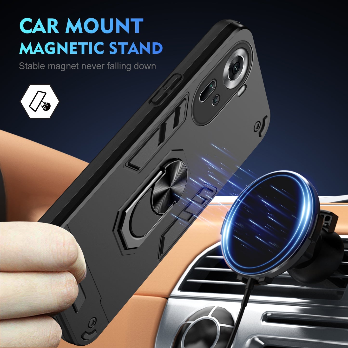 OPPO Reno11 Shockproof Metal Ring Holder Phone Case with 360 degrees Rotating Kickstand, Ultra Slim Protective Cover, Raised Camera Guard, PC Silicone Armour Shell, Anti-Scratch Back & Edge Protection