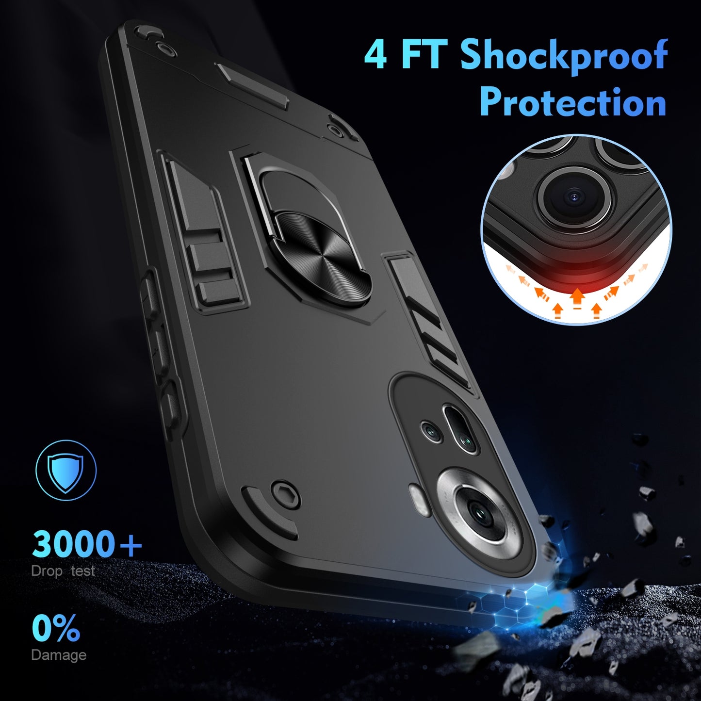 OPPO Reno11 Shockproof Metal Ring Holder Phone Case with 360 degrees Rotating Kickstand, Ultra Slim Protective Cover, Raised Camera Guard, PC Silicone Armour Shell, Anti-Scratch Back & Edge Protection