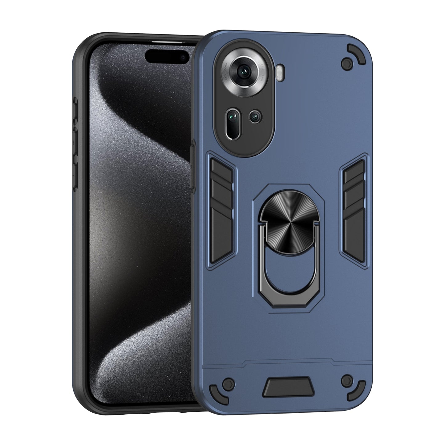 OPPO Reno11 Shockproof Metal Ring Holder Phone Case with 360 degrees Rotating Kickstand, Ultra Slim Protective Cover, Raised Camera Guard, PC Silicone Armour Shell, Anti-Scratch Back & Edge Protection