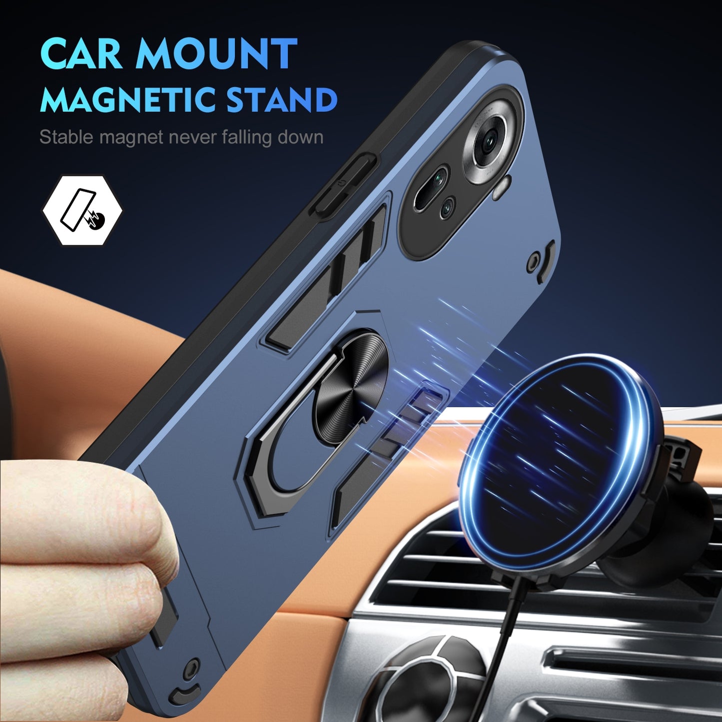 OPPO Reno11 Shockproof Metal Ring Holder Phone Case with 360 degrees Rotating Kickstand, Ultra Slim Protective Cover, Raised Camera Guard, PC Silicone Armour Shell, Anti-Scratch Back & Edge Protection