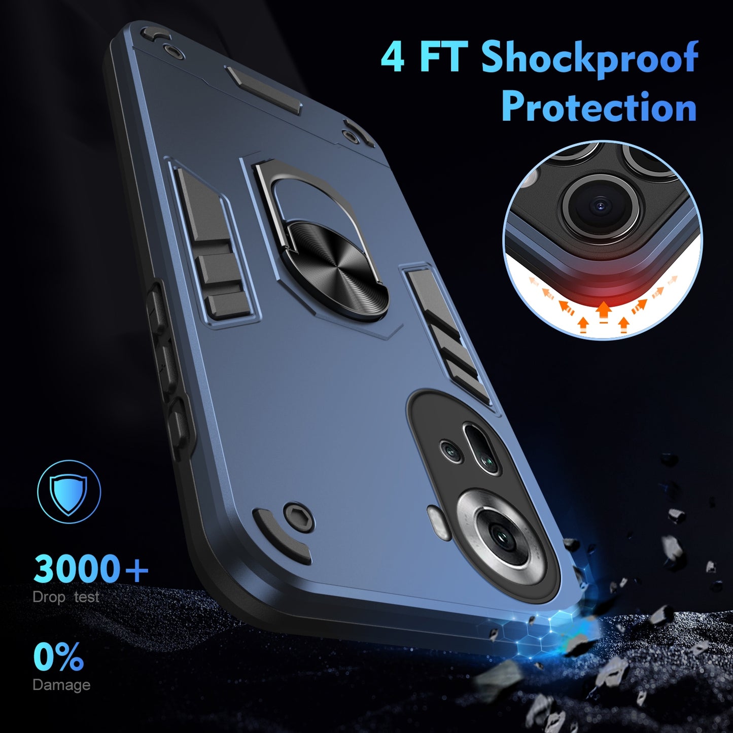 OPPO Reno11 Shockproof Metal Ring Holder Phone Case with 360 degrees Rotating Kickstand, Ultra Slim Protective Cover, Raised Camera Guard, PC Silicone Armour Shell, Anti-Scratch Back & Edge Protection