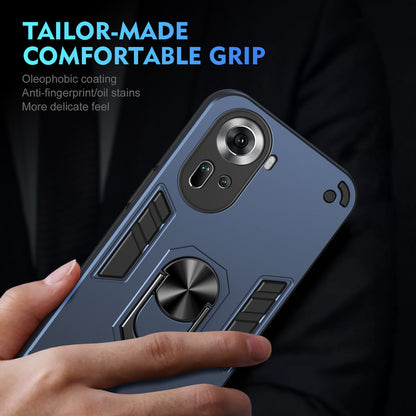 OPPO Reno11 Shockproof Metal Ring Holder Phone Case with 360 degrees Rotating Kickstand, Ultra Slim Protective Cover, Raised Camera Guard, PC Silicone Armour Shell, Anti-Scratch Back & Edge Protection