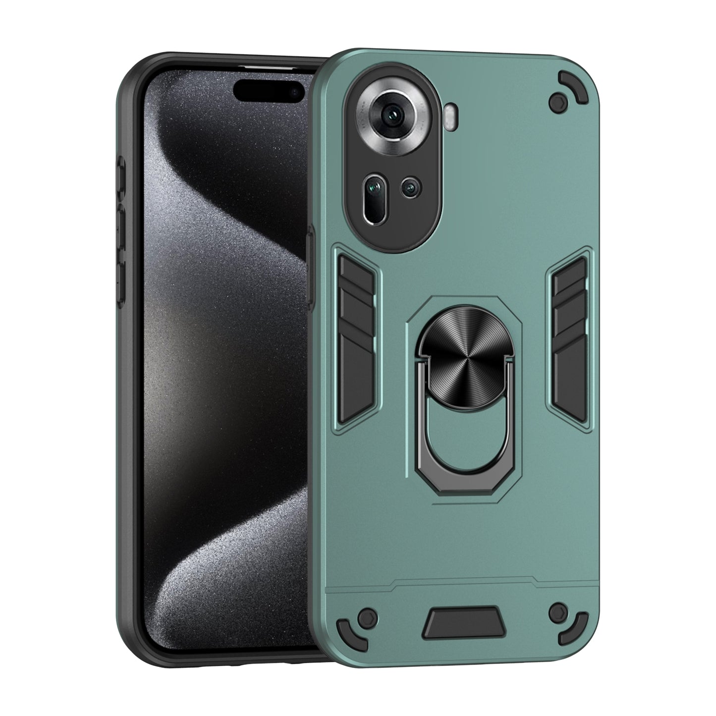 OPPO Reno11 Shockproof Metal Ring Holder Phone Case with 360 degrees Rotating Kickstand, Ultra Slim Protective Cover, Raised Camera Guard, PC Silicone Armour Shell, Anti-Scratch Back & Edge Protection
