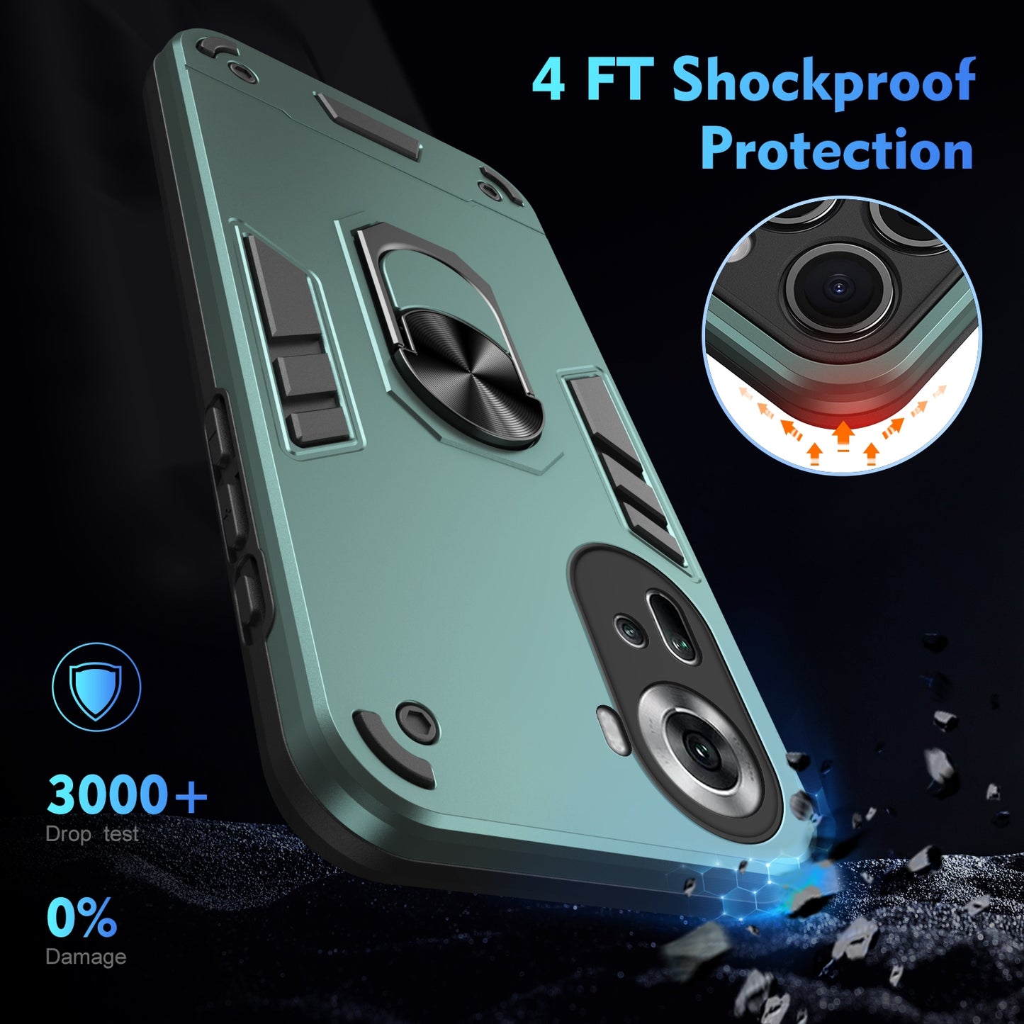 OPPO Reno11 Shockproof Metal Ring Holder Phone Case with 360 degrees Rotating Kickstand, Ultra Slim Protective Cover, Raised Camera Guard, PC Silicone Armour Shell, Anti-Scratch Back & Edge Protection