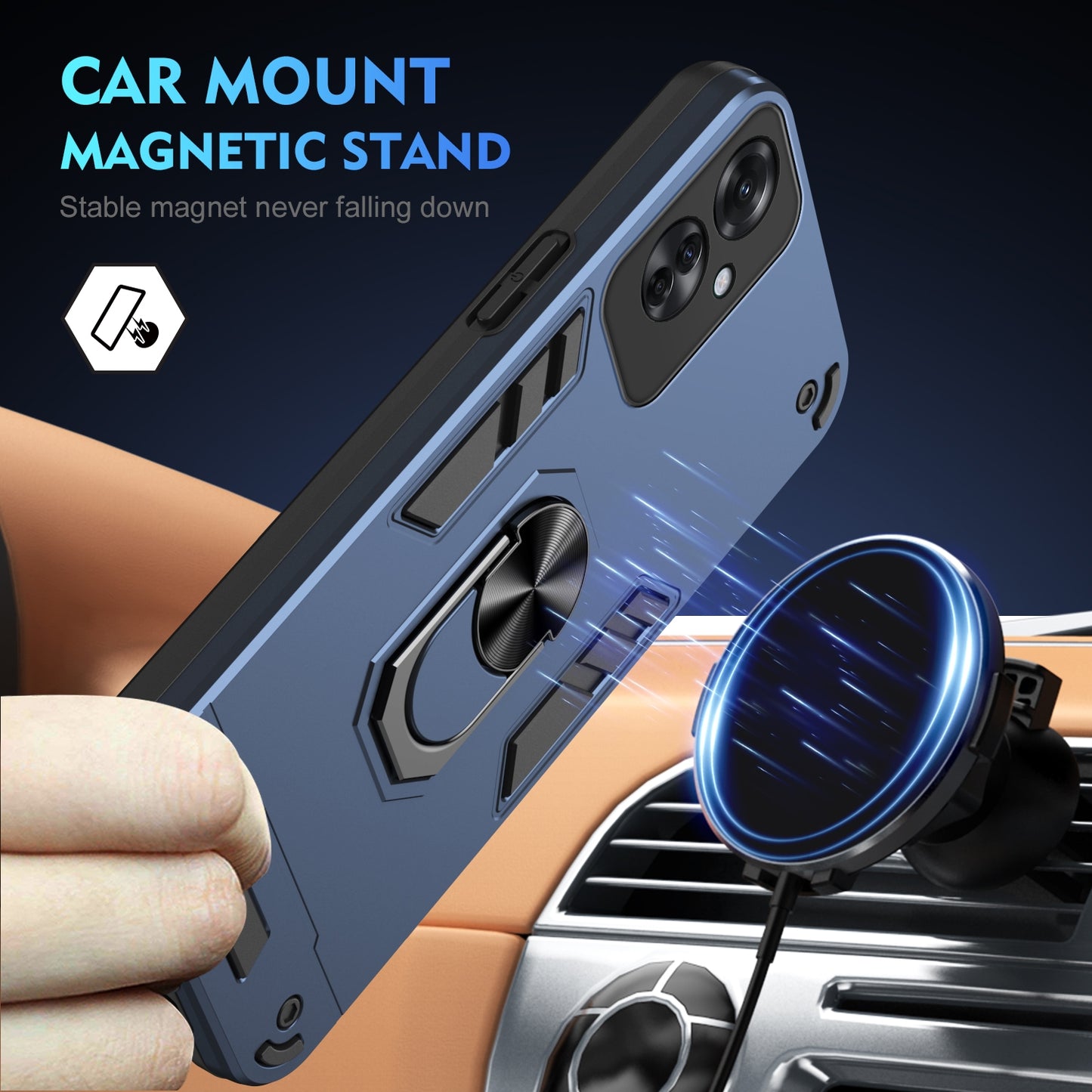 OPPO Reno11 F Shockproof Metal Ring Holder Phone Case with 360 degrees Rotating Kickstand, Ultra Slim Protective Cover, Raised Camera Guard, PC Silicone Armour Shell, Anti-Scratch Back & Edge Protection