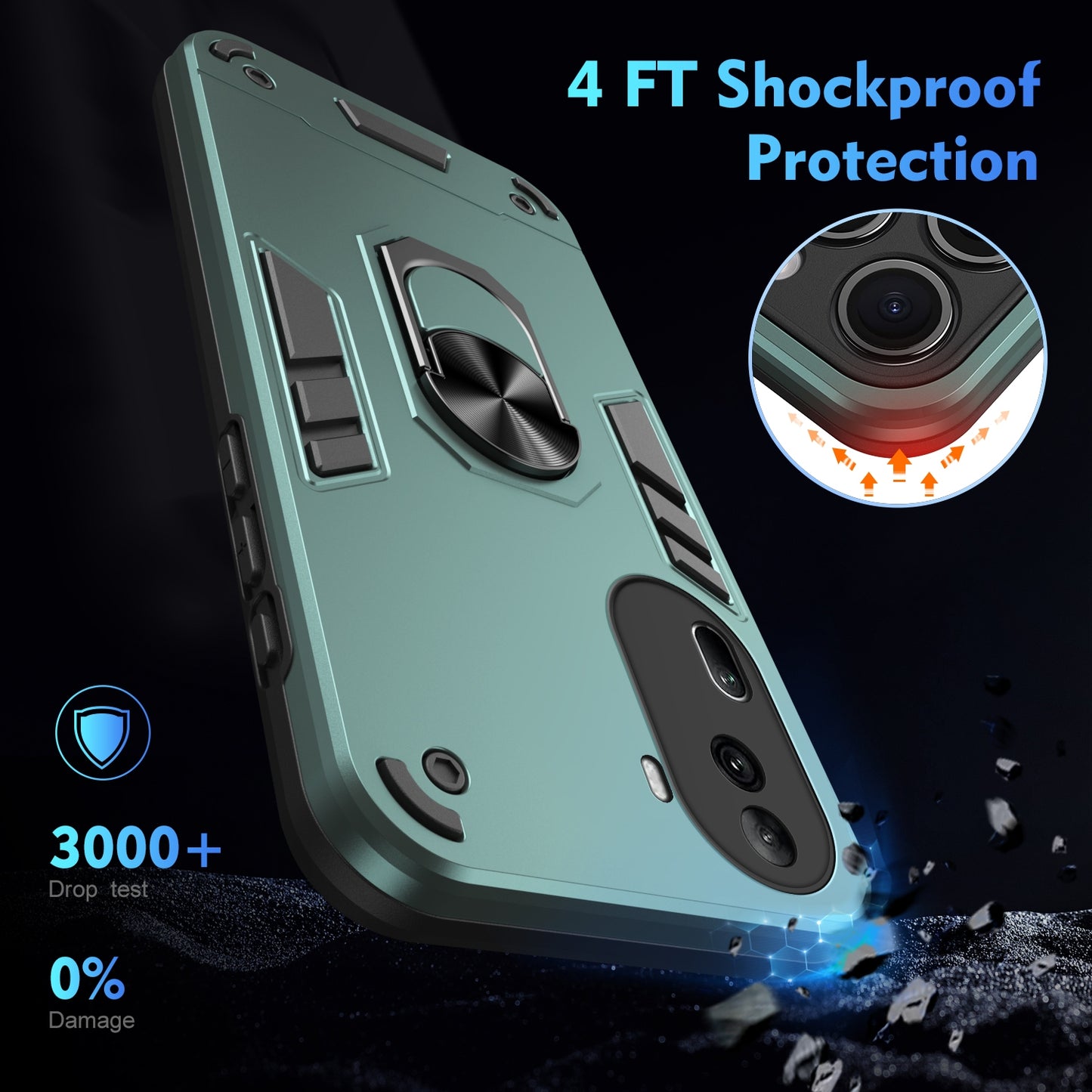 OPPO Reno11 Pro Shockproof Metal Ring Holder Phone Case with 360 degrees Rotating Kickstand, Ultra Slim Protective Cover, Raised Camera Guard, PC Silicone Armour Shell, Anti-Scratch Back & Edge Protection