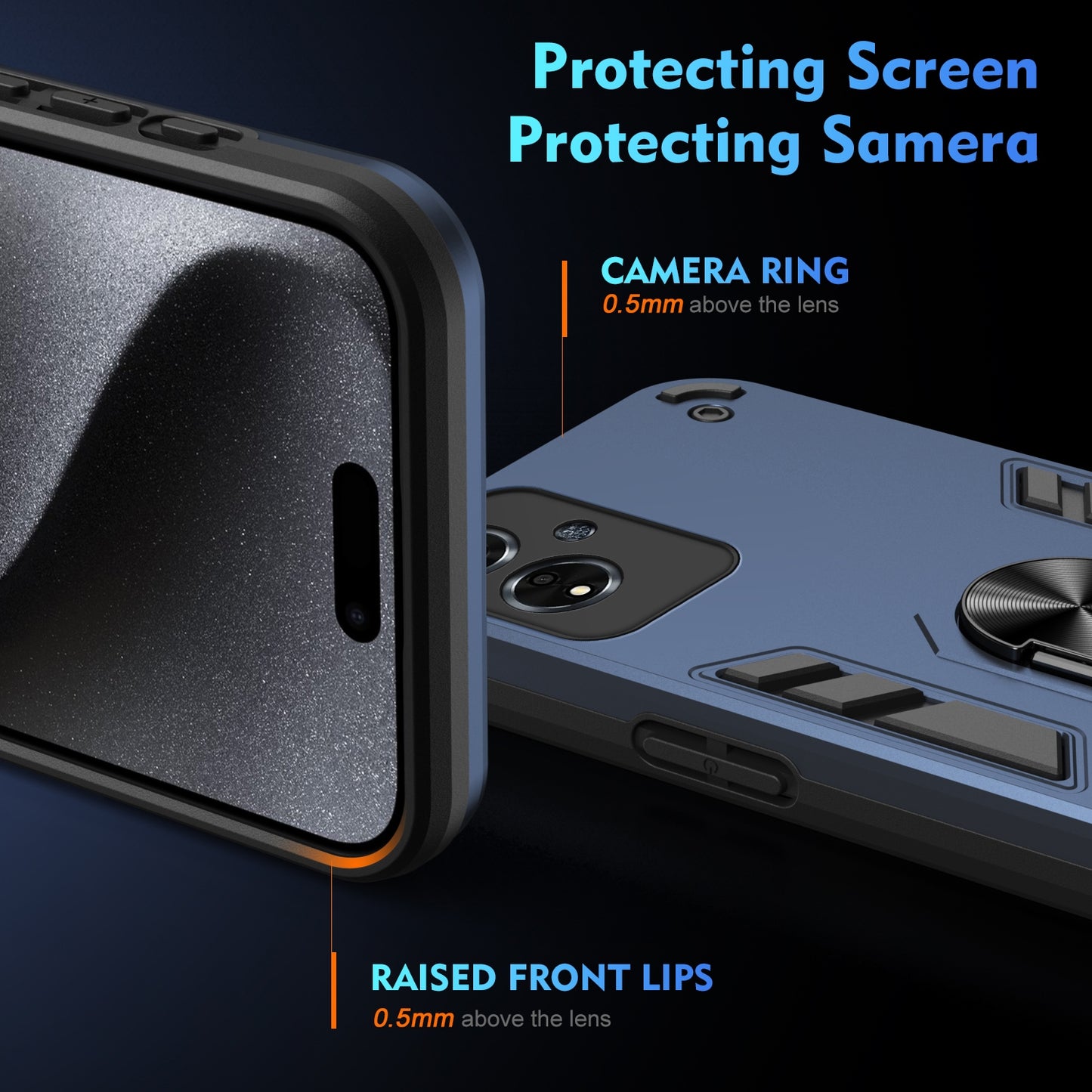 OPPO A59 5G Shockproof Metal Ring Holder Phone Case with 360 degrees Rotating Kickstand, Ultra Slim Protective Cover, Raised Camera Guard, PC Silicone Armour Shell, Anti-Scratch Back & Edge Protection
