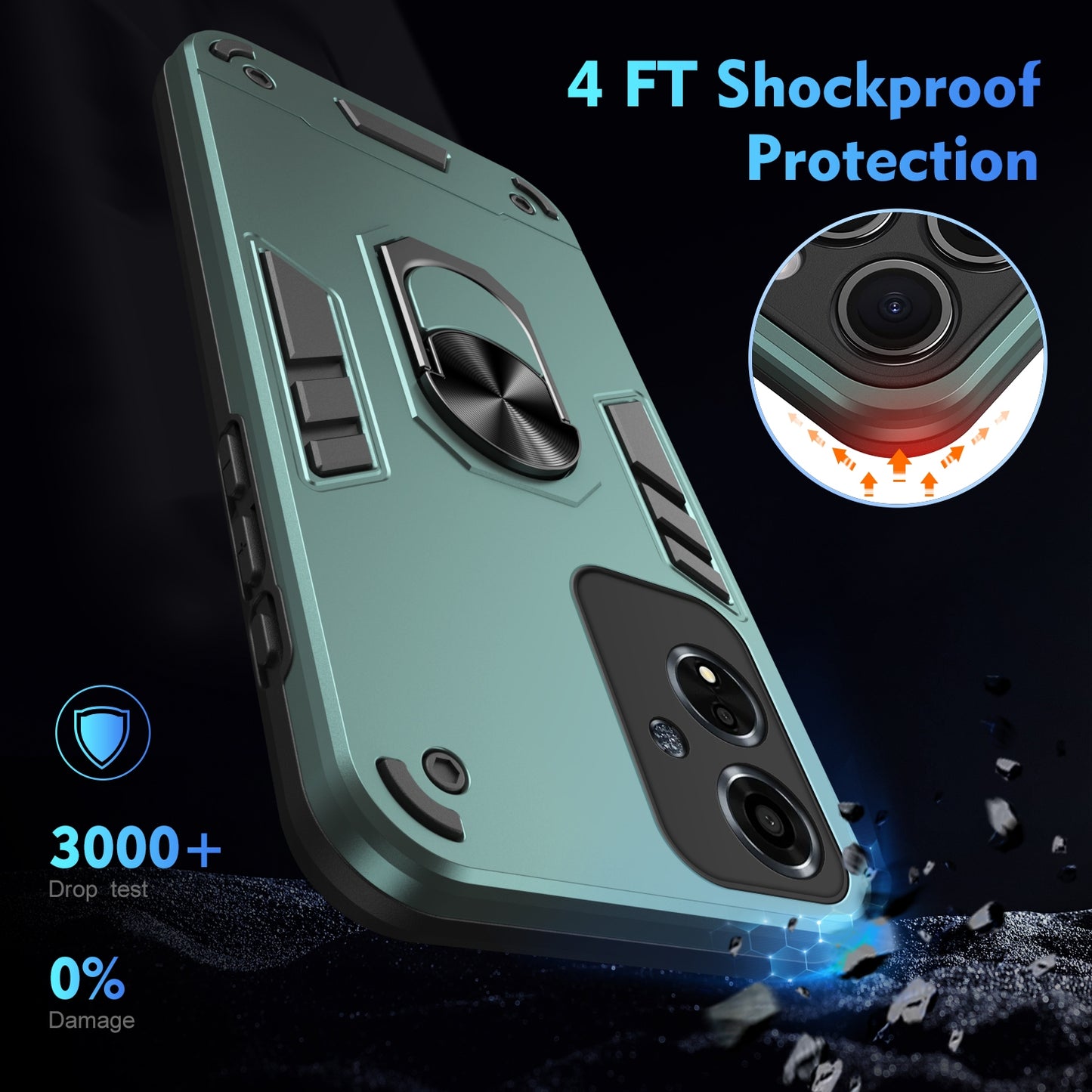 OPPO A59 5G Shockproof Metal Ring Holder Phone Case with 360 degrees Rotating Kickstand, Ultra Slim Protective Cover, Raised Camera Guard, PC Silicone Armour Shell, Anti-Scratch Back & Edge Protection