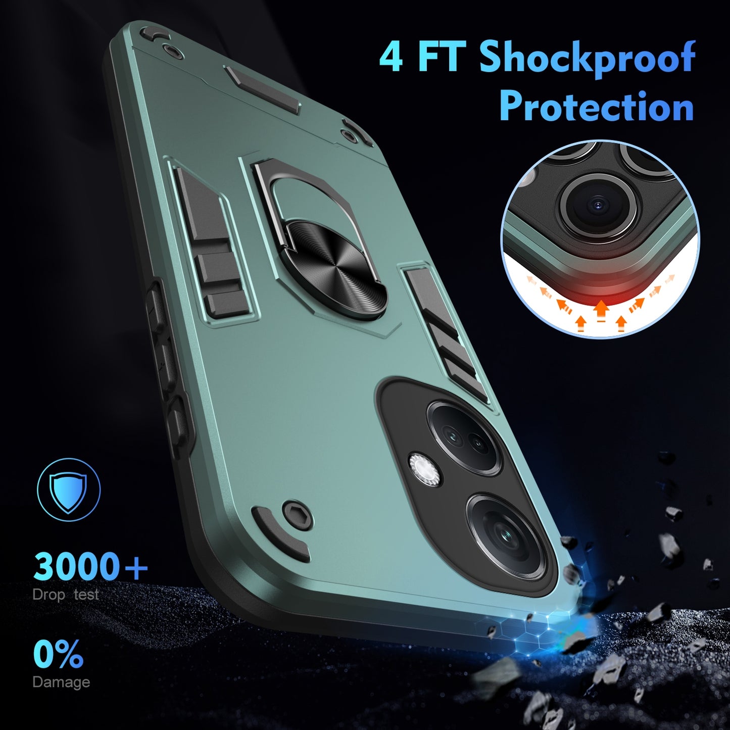 OPPO K11 Shockproof Metal Ring Holder Phone Case with 360 degrees Rotating Kickstand, Ultra Slim Protective Cover, Raised Camera Guard, PC Silicone Armour Shell, Anti-Scratch Back & Edge Protection