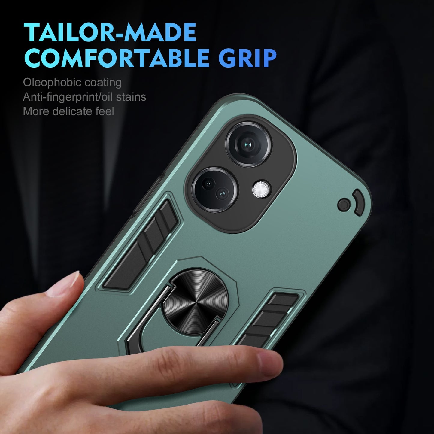 OPPO K11 Shockproof Metal Ring Holder Phone Case with 360 degrees Rotating Kickstand, Ultra Slim Protective Cover, Raised Camera Guard, PC Silicone Armour Shell, Anti-Scratch Back & Edge Protection