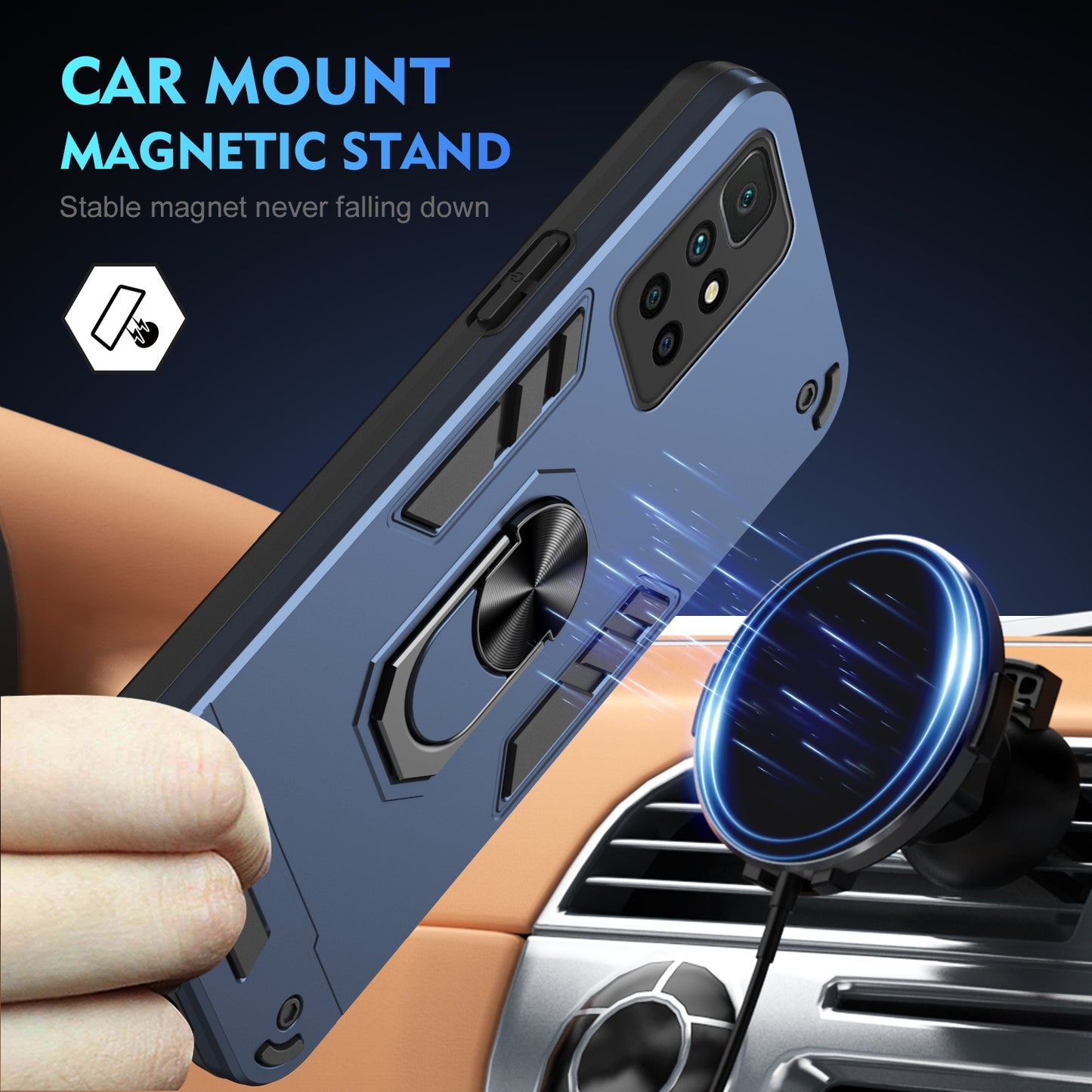 Xiaomi Redmi 10 Shockproof Metal Ring Holder Phone Case with 360 degrees Rotating Kickstand, Ultra Slim Protective Cover, Raised Camera Guard, PC Silicone Armour Shell, Anti-Scratch Back & Edge Protection