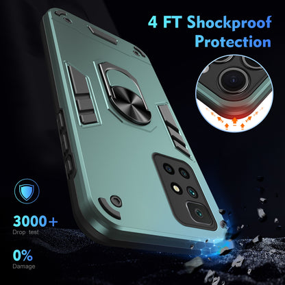 Xiaomi Redmi 10 Shockproof Metal Ring Holder Phone Case with 360 degrees Rotating Kickstand, Ultra Slim Protective Cover, Raised Camera Guard, PC Silicone Armour Shell, Anti-Scratch Back & Edge Protection