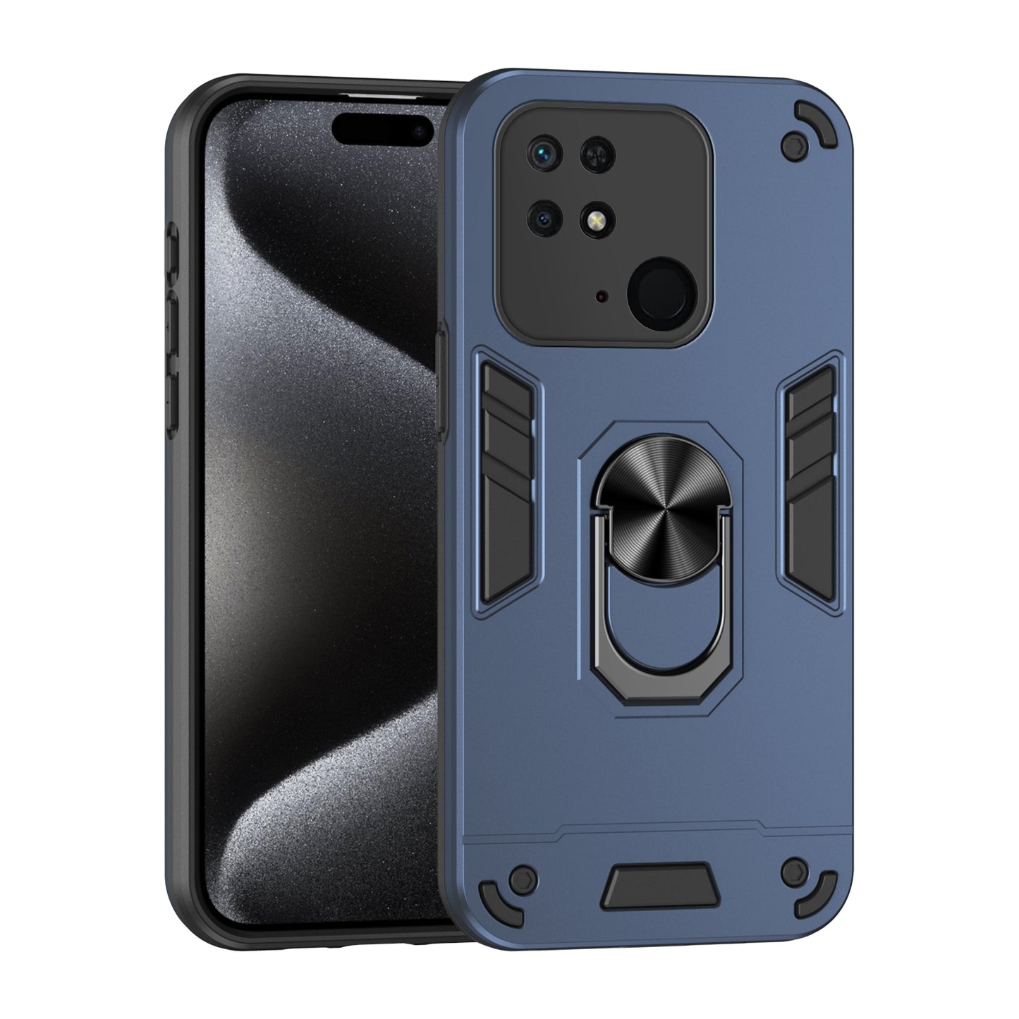 Xiaomi Redmi 10C Shockproof Metal Ring Holder Phone Case with 360 degrees Rotating Kickstand, Ultra Slim Protective Cover, Raised Camera Guard, PC Silicone Armour Shell, Anti-Scratch Back & Edge Protection