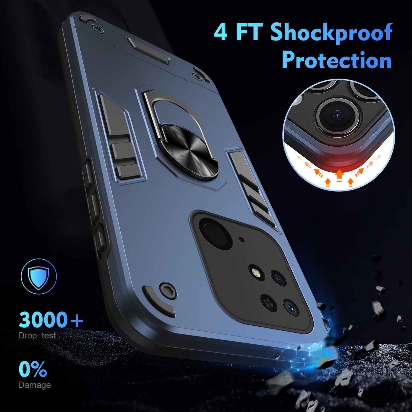 Xiaomi Redmi 10C Shockproof Metal Ring Holder Phone Case with 360 degrees Rotating Kickstand, Ultra Slim Protective Cover, Raised Camera Guard, PC Silicone Armour Shell, Anti-Scratch Back & Edge Protection