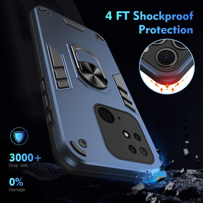 Xiaomi Redmi 10C Shockproof Metal Ring Holder Phone Case with 360 degrees Rotating Kickstand, Ultra Slim Protective Cover, Raised Camera Guard, PC Silicone Armour Shell, Anti-Scratch Back & Edge Protection