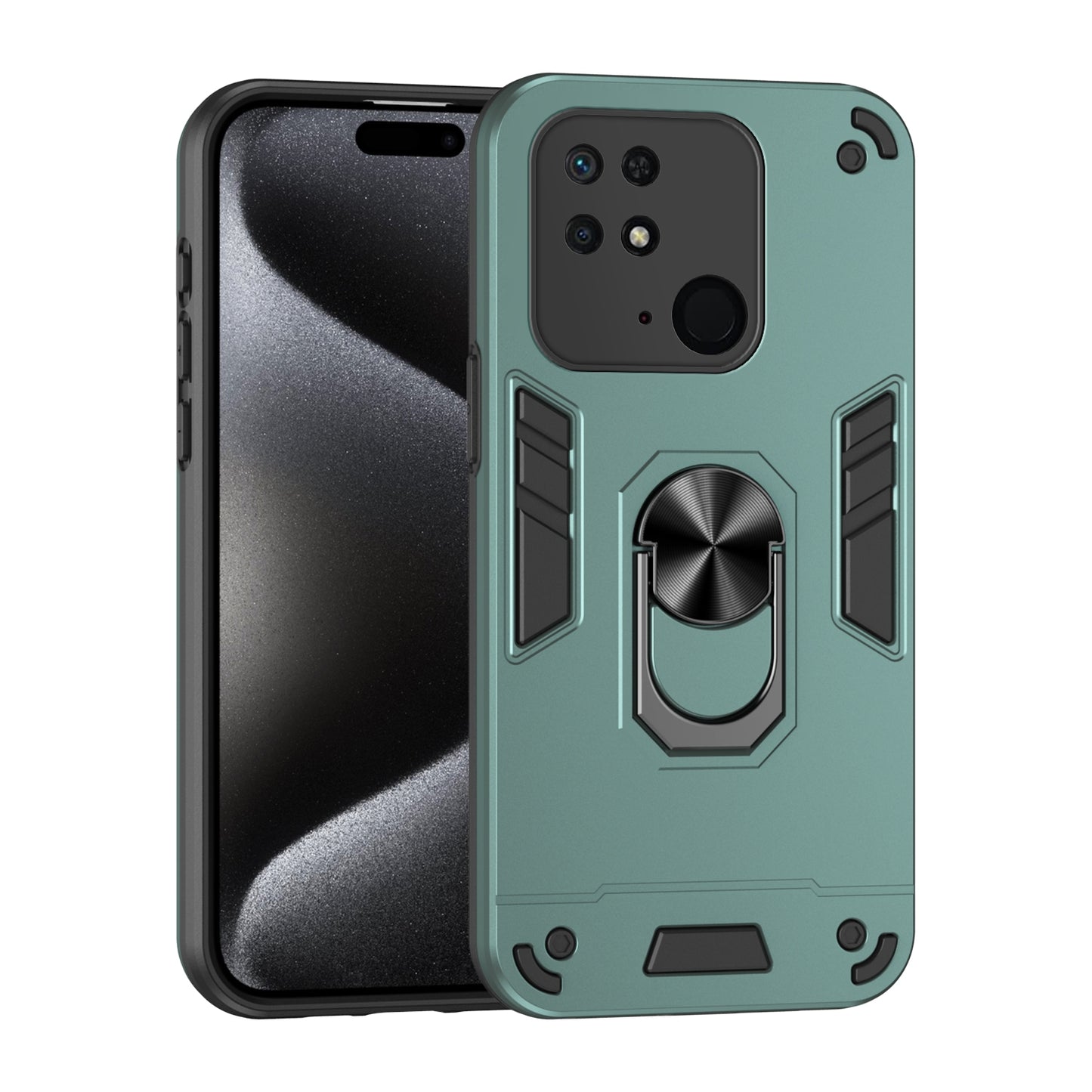 Xiaomi Redmi 10C Shockproof Metal Ring Holder Phone Case with 360 degrees Rotating Kickstand, Ultra Slim Protective Cover, Raised Camera Guard, PC Silicone Armour Shell, Anti-Scratch Back & Edge Protection