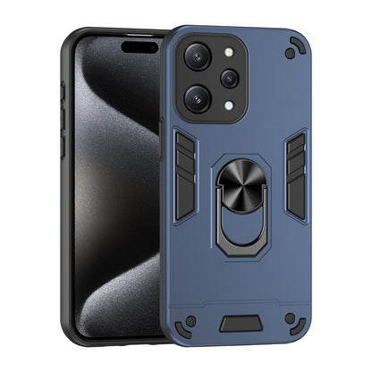 Xiaomi Redmi 12 Shockproof Metal Ring Holder Phone Case with 360 degrees Rotating Kickstand, Ultra Slim Protective Cover, Raised Camera Guard, PC Silicone Armour Shell, Anti-Scratch Back & Edge Protection