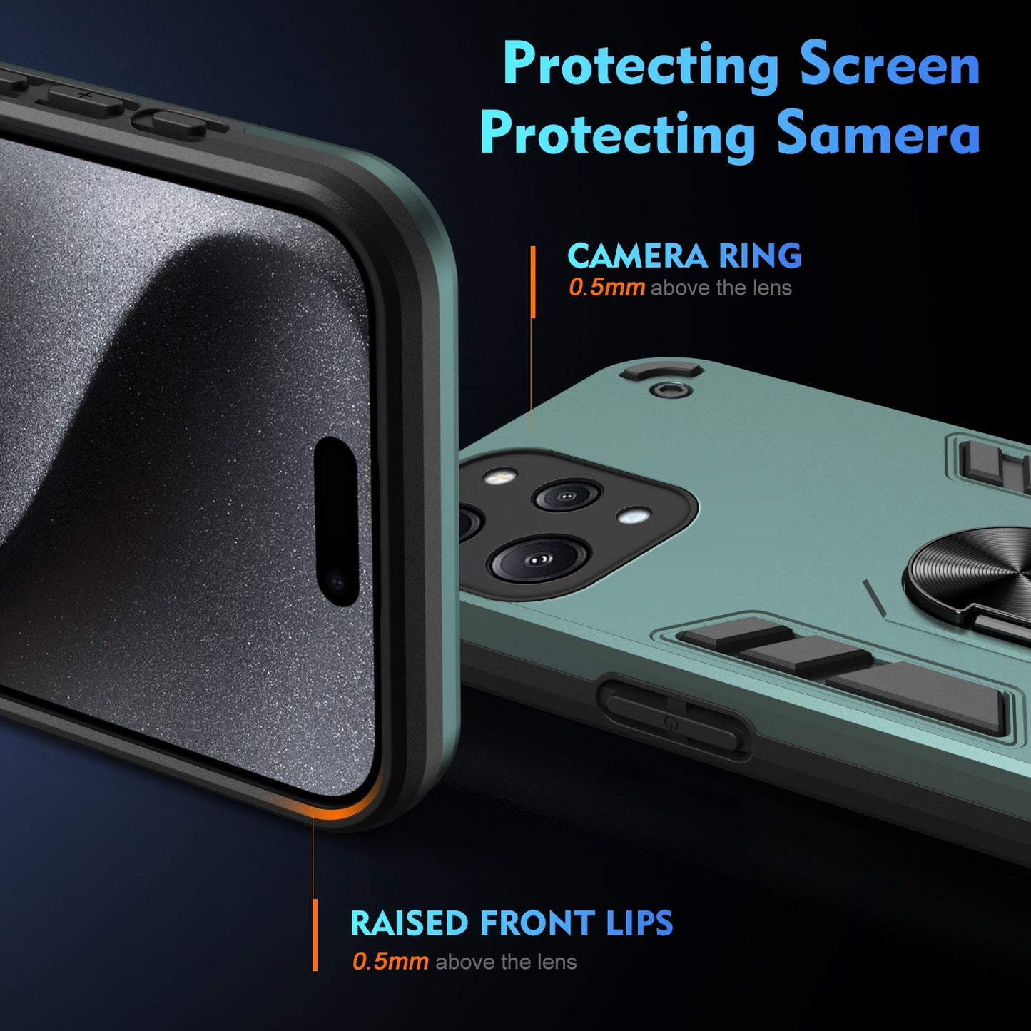 Xiaomi Redmi 12 Shockproof Metal Ring Holder Phone Case with 360 degrees Rotating Kickstand, Ultra Slim Protective Cover, Raised Camera Guard, PC Silicone Armour Shell, Anti-Scratch Back & Edge Protection