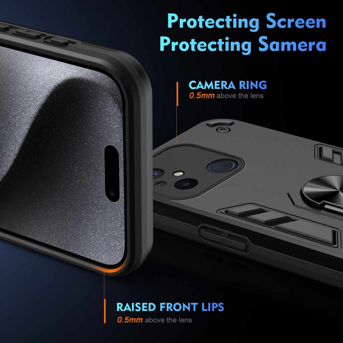 Xiaomi Redmi 12C Shockproof Metal Ring Holder Phone Case with 360 degrees Rotating Kickstand, Ultra Slim Protective Cover, Raised Camera Guard, PC Silicone Armour Shell, Anti-Scratch Back & Edge Protection