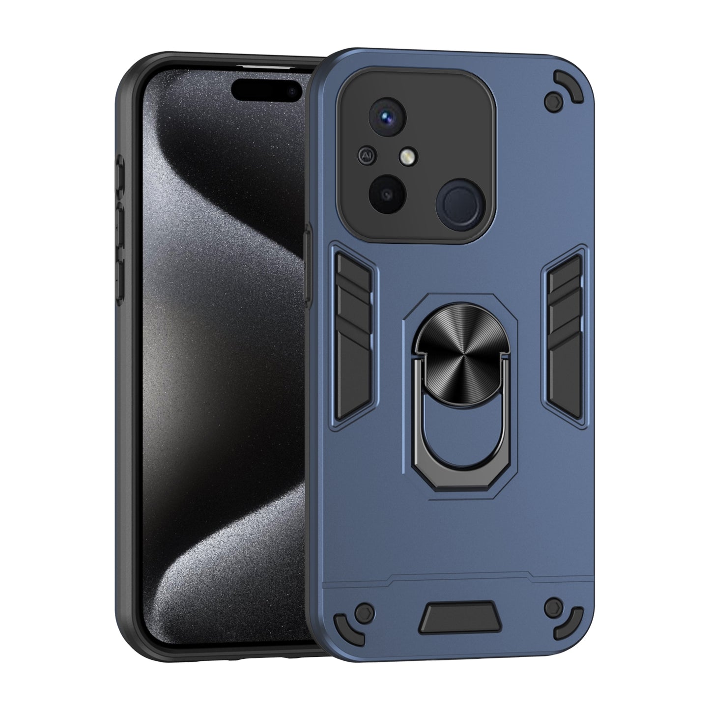 Xiaomi Redmi 12C Shockproof Metal Ring Holder Phone Case with 360 degrees Rotating Kickstand, Ultra Slim Protective Cover, Raised Camera Guard, PC Silicone Armour Shell, Anti-Scratch Back & Edge Protection